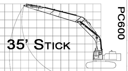 Komatsu PC600 35' Stick excavator Range Drawings Chart fabrication design customization