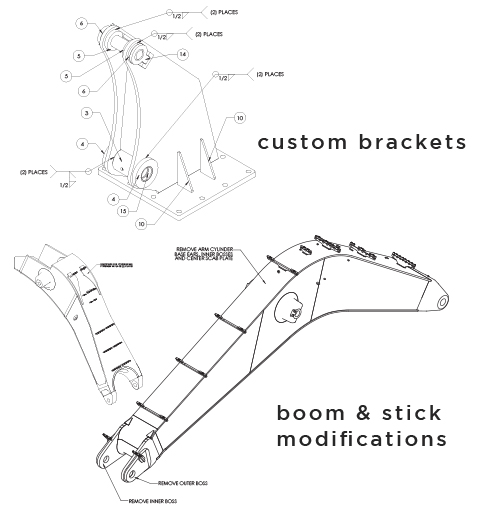 custom brackets boom stick dipper engineer design blueprints modified boom hybrid machines