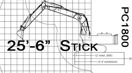 Komatsu PC1800 25'-6" Stick cab riser Range Drawings Chart fabrication design customization