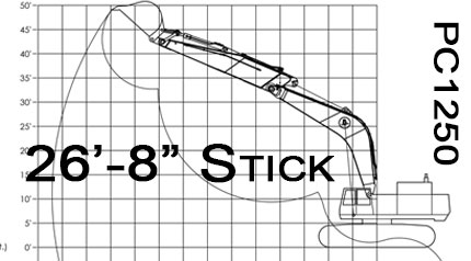 Komatsu PC1250 26'-8" Stick excavator Range Drawings Chart fabrication design customization