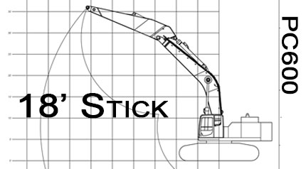 Komatsu PC600 18' Stick excavator Range Drawings Chart fabrication design customization
