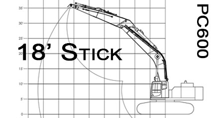 Komatsu PC600 18' Stick Long Reach Range Drawings Chart fabrication design customization