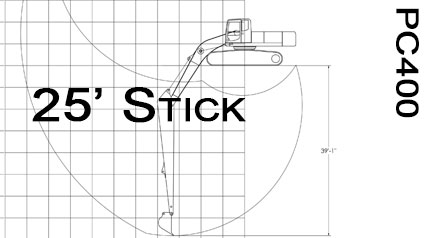 Komatsu PC400 25' Stick Long Reach Range Drawings Chart fabrication design customization
