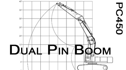 Dual Pin Boom Komatsu PC450 additional height excavator Range Drawing Chart Engineering Fabrication Customization